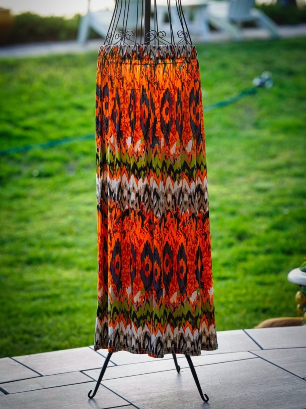 Bold Boho Ikat Geometric Print Maxi Skirt - Orange & Multicolor - Size L/XL